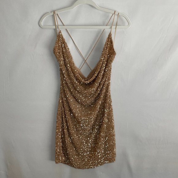 NEW retrofete X REVOLVE Mich Dress in Nude -- Glitter Gold Sequin NYE Champagne - Picture 5 of 7